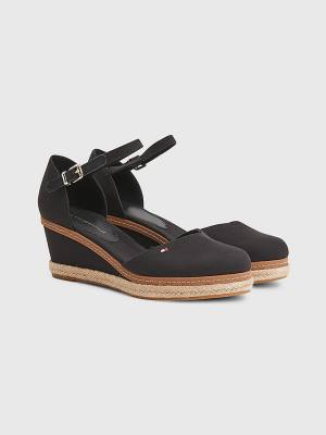 Black Tommy Hilfiger Colour-Blocked Mid Heel Wedge Espadrille Women's Sandals | TH718AXB