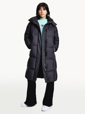 Black Tommy Hilfiger Contrast Panel Long Down Coat Women's Jackets | TH950KRY