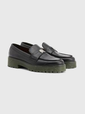 Black Tommy Hilfiger Crest Chunky Leather Loafers Men's Formal Shoes | TH605GLI