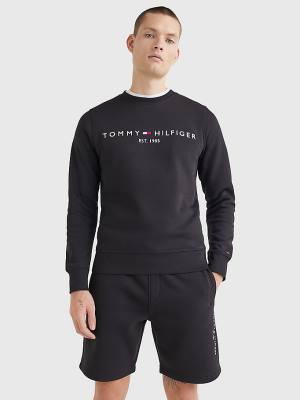 Black Tommy Hilfiger Crew Neck Logo Men's Sweatshirts | TH348YFE