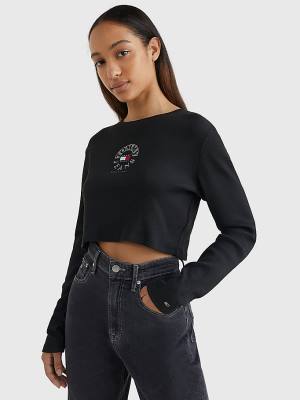 Black Tommy Hilfiger Cropped Logo Embroidery Long Sleeve Women's T Shirts | TH571VPG