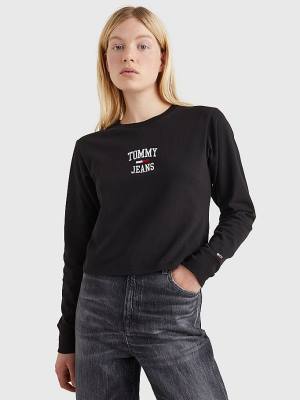 Black Tommy Hilfiger Cropped Logo Long Sleeve Women's T Shirts | TH105NTY