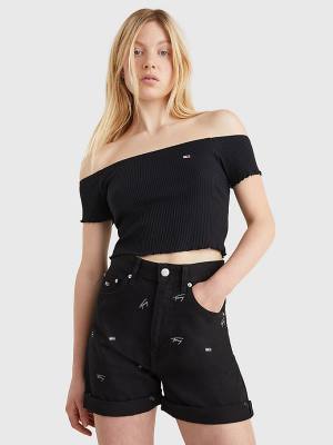 Black Tommy Hilfiger Cropped Off-The-Shoulder Women's T Shirts | TH418JDP