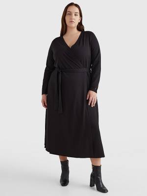 Black Tommy Hilfiger Curve Long Sleeve V-Neck Midi Wrap Women's Dress | TH049BST