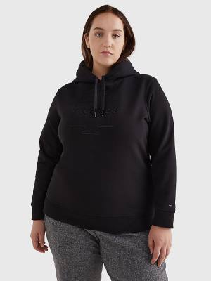 Black Tommy Hilfiger Curve Monogram Embroidery Regular Fit Women's Hoodie | TH910UFR