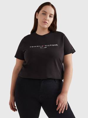 Black Tommy Hilfiger Curve Organic Cotton Logo Women's T Shirts | TH037SGP