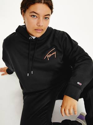 Black Tommy Hilfiger Curve Signature Logo Oversized Women's Hoodie | TH039CWX