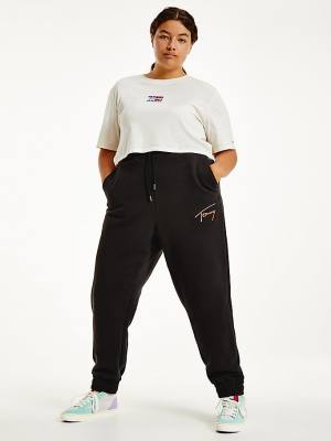 Black Tommy Hilfiger Curve Signature Logo Cotton Blend Joggers Women's Pants | TH560WTX