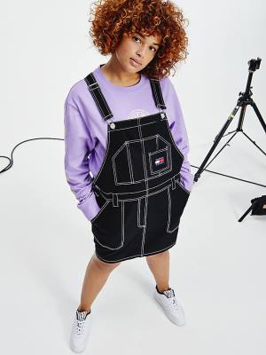 Black Tommy Hilfiger Curve Tommy Badge Stitch Dungaree Women's Dress | TH796PDN