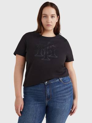 Black Tommy Hilfiger Curve Tonal Script Logo Organic Cotton Women's T Shirts | TH419EUX