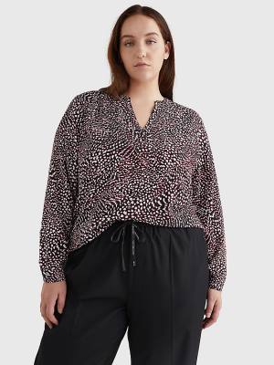 Black Tommy Hilfiger Curve Viscose Feather Print V-Neck Women's Blouse | TH475RAB