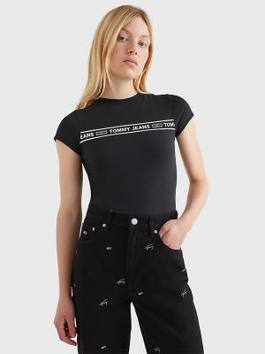 Black Tommy Hilfiger Cut Out Logo Tape Bodysuit Women's T Shirts | TH629JNZ