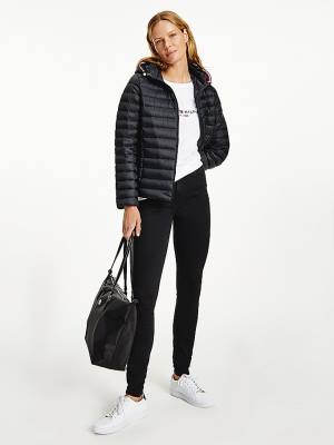 Black Tommy Hilfiger Down-Filled Hooded Zip-Thru Women's Jackets | TH751HUQ