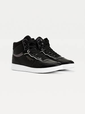 Black Tommy Hilfiger Elevated Leather Metallic Court Women's Sneakers | TH705ATJ