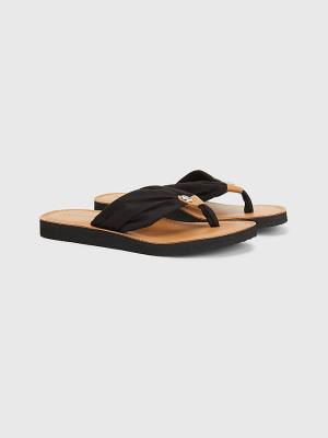 Black Tommy Hilfiger Essential Leather Footbed Flip-Flops Women's Sandals | TH508CFI