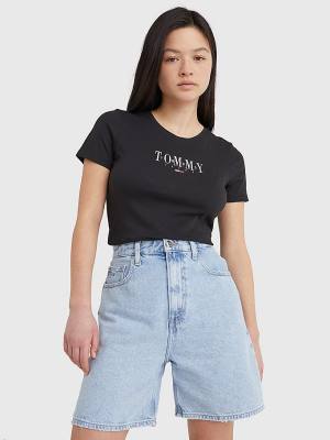 Black Tommy Hilfiger Essential Logo Skinny Fit Women's T Shirts | TH475VMF