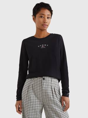 Black Tommy Hilfiger Essential Logo Slim Fit Long Sleeve Women's T Shirts | TH013CZS