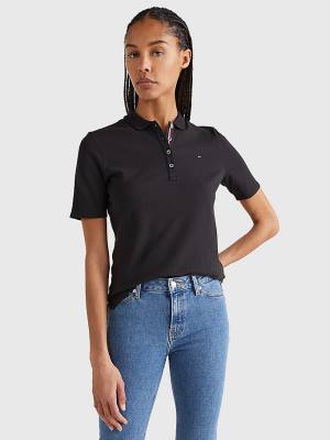 Black Tommy Hilfiger Essential Placket Detail Women's Polo Shirts | TH813LOV