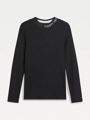 Black Tommy Hilfiger Essential Rib-Knit Long Sleeve Girls' T Shirts | TH685ZAR