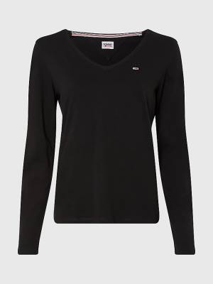 Black Tommy Hilfiger Essential V-Neck Long Sleeve Women's T Shirts | TH769HZD