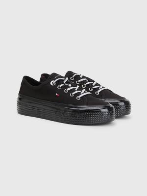 Black Tommy Hilfiger Essential Vulcanised Flatform Women's Sneakers | TH524LJN