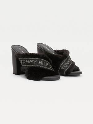 Black Tommy Hilfiger Faux Fur Logo Tape Women's Sandals | TH250SVD