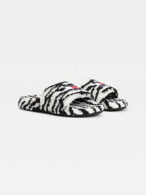 Black Tommy Hilfiger Faux Fur Zebra Slides Women's Sandals | TH463ABN