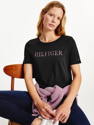 Black Tommy Hilfiger Feather Print Logo Women's T Shirts | TH068MTA