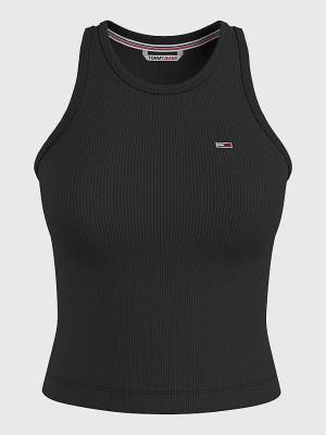 Black Tommy Hilfiger Feminine Ribbed Tank Top Women's T Shirts | TH970KFJ