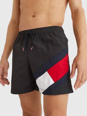 Black Tommy Hilfiger Flag Mid Length Drawstring Shorts Men's Swimwear | TH123WQK