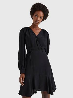 Black Tommy Hilfiger Floral Wrap Knee Length Women's Dress | TH873IWU