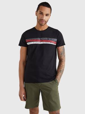 Black Tommy Hilfiger Graphic Tape Logo Men's T Shirts | TH132SCM