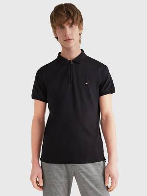 Black Tommy Hilfiger Half-Zip Interlock Slim Fit Men's Polo Shirts | TH538YBO