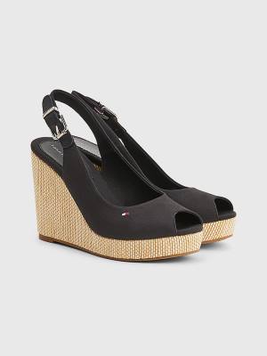 Black Tommy Hilfiger Iconic Slingback Espadrille High Heel Wedges Women's Sandals | TH865GKA