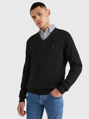 Black Tommy Hilfiger Knitted Grid Check V-Neck Jumper Men's Sweaters | TH586NSP