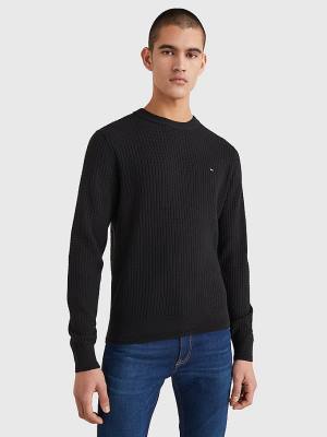 Black Tommy Hilfiger Knitted Grid Check Crew Neck Jumper Men's Sweaters | TH971BYT