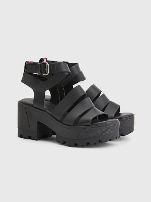 Black Tommy Hilfiger Leather Block Heel Women's Sandals | TH592JYS