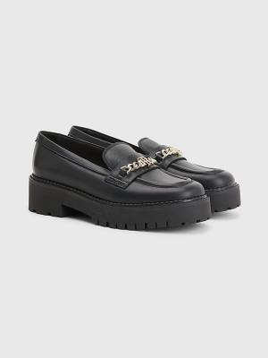 Black Tommy Hilfiger Leather Chain Chunky Women's Loafers | TH256AZT