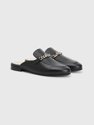 Black Tommy Hilfiger Leather Chain Mule Women's Loafers | TH014IEK