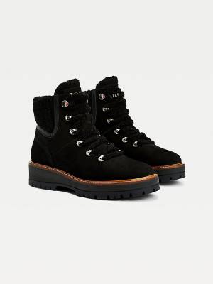 Black Tommy Hilfiger Leather Cleat Lace-Up Women's Boots | TH386KWN