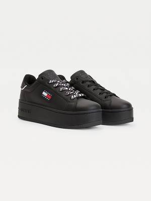 Black Tommy Hilfiger Leather Flatform Cupsole Women's Sneakers | TH321VLQ