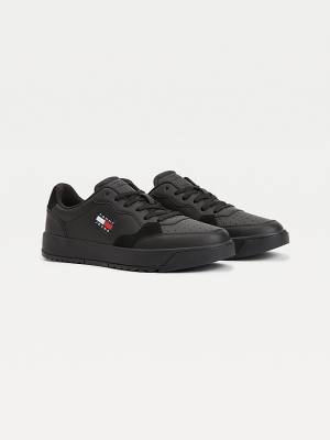 Black Tommy Hilfiger Leather Textured Panel Men's Sneakers | TH435ABK