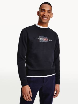 Black Tommy Hilfiger Logo Crew Neck Men's Sweatshirts | TH672VKA