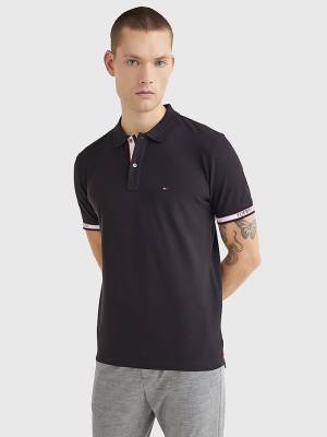 Black Tommy Hilfiger Logo Cuff Regular Fit Men's Polo Shirts | TH173ZSJ