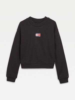 Black Tommy Hilfiger Logo Embroidery Cropped Girls' Sweatshirts | TH561LSK