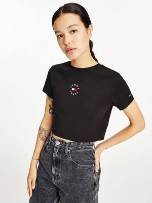 Black Tommy Hilfiger Logo Embroidery Cropped Women's T Shirts | TH872INO