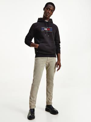 Black Tommy Hilfiger Logo Embroidery Fleece Men's Hoodie | TH268TNE