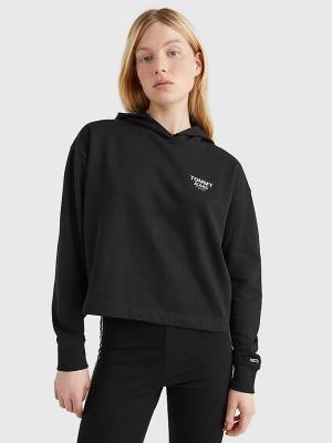 Black Tommy Hilfiger Logo Tape Cropped Boxy Women's Sweatshirts | TH694FZD