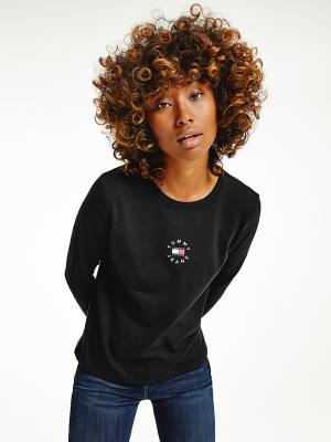 Black Tommy Hilfiger Long Sleeve Logo Slim Fit Women's T Shirts | TH780WSG