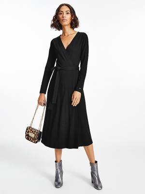 Black Tommy Hilfiger Long Sleeve V-Neck Midi Wrap Women's Dress | TH437GDY